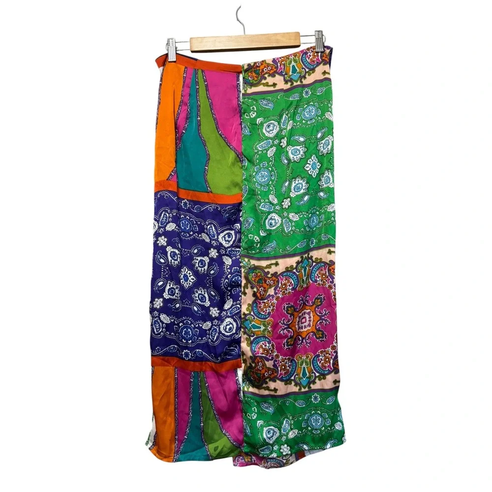 SHEIN VCAY Midi Skirt Women Large Green Multi Paisley Patchwork NWT Draped